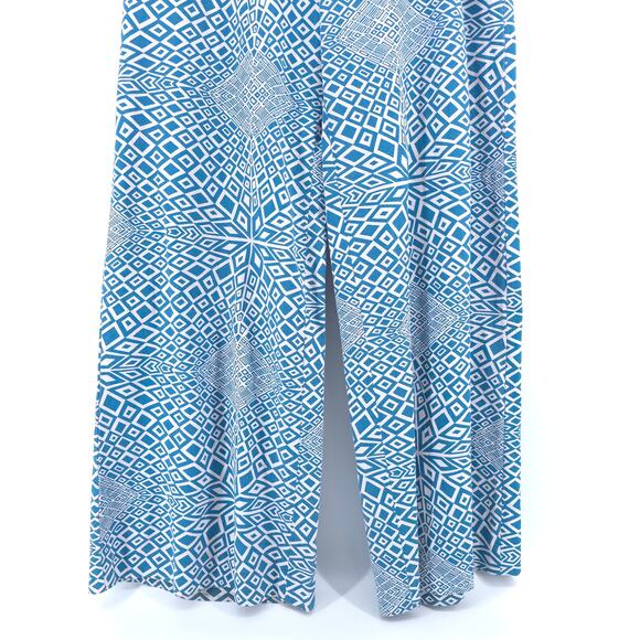 Dar Retro Psychedelic Handmade Blue White Geometric Pattern Wide Leg Pants 29 - Picture 3 of 10